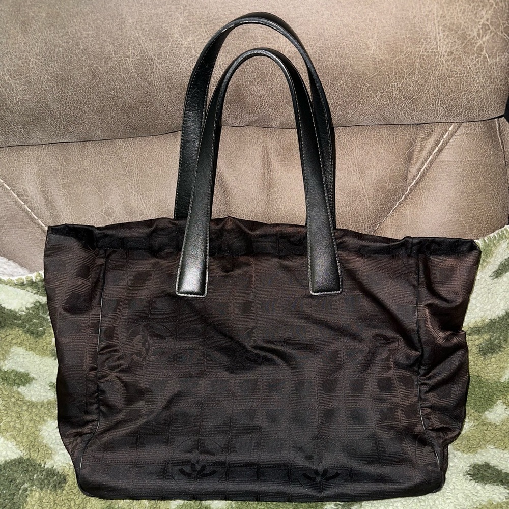 Auth Chanel New Travel Line Women's Nylon Canvas Handbag,Tote Bag Black